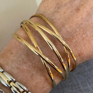 Gold Tone Multi-Row Crossover Cuff Bracelet | Modern Minimalist | New